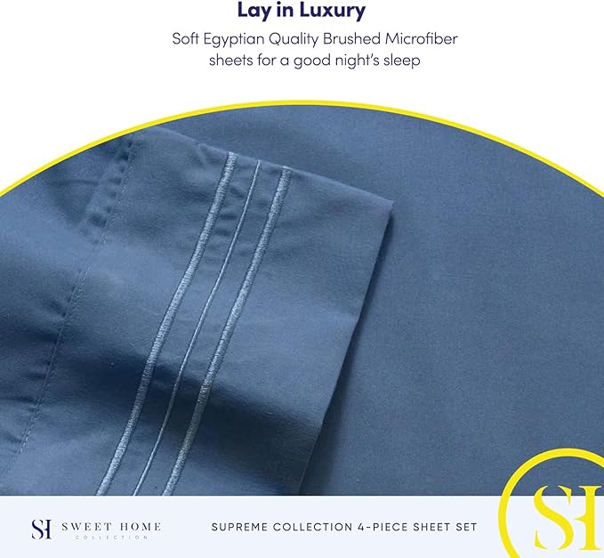 RV Queen Bed Sheets - Breathable Luxury Sheets with Full Elastic & Secure Corner Straps Built In - 1800 Supreme Collection Extra Soft Deep Pocket Bedding Set, Sheet Set, RV Short Queen, Denim