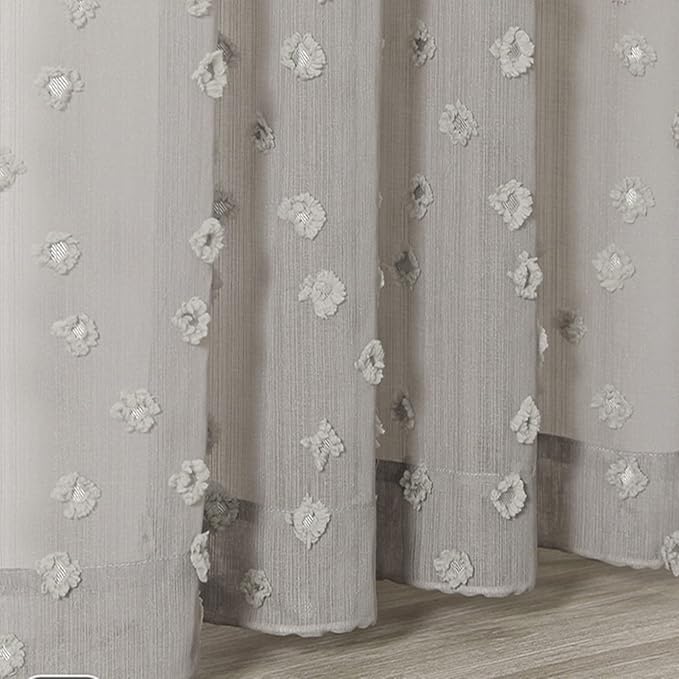 MYSKY HOME Grey Sheer Short Curtains with Pom Pom for Small Windows Bedroom Nursery Kids Girls Room Curtains Cafe Kitchen Light Filtering Boho Drapes, Rod Pocket,52x 45 Inches, 2 Panels