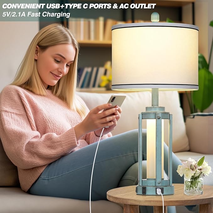 Industrial Farmhouse Table Lamp, 26" Vintage Rustic Beside Lamp with USB A+C Charging Ports & AC Outlet, Nightstand Metal Lamp with LED Night Light & Fabric Shade for Living Room Bedrooms Blue
