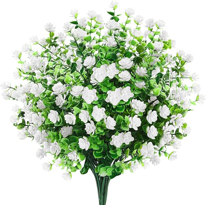 GREENRAIN Artificial Flowers Outdoor Fake Flowers for Decoration UV Resistant No Fade Faux Plastic Plants Garden Porch Window Box Décor (6 Bundles, 4#White)