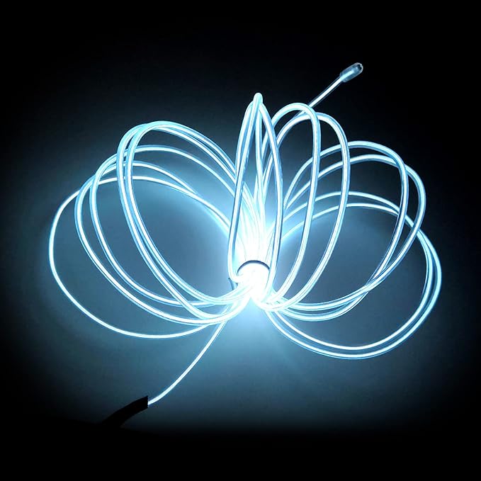 MaxLax EL Wire White, 9.8ft/3m Portable Battery Pack Neon Light Strip 360° Cuttable Glowing Rope Lights for Parties, Halloween, DIY Decoration