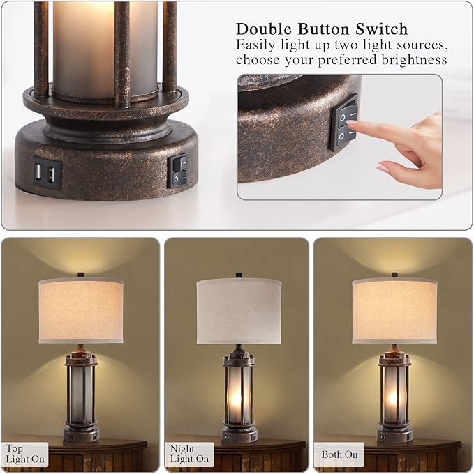Set of 2 Farmhouse Lamps for Living Room, Rustic Vintage Bedroom Nightstand Table Lamp with 2 USB Charging Ports, Built-In Frosted Glass Night Light for End Table Entryway, 4 Bulbs Included (Bronze)