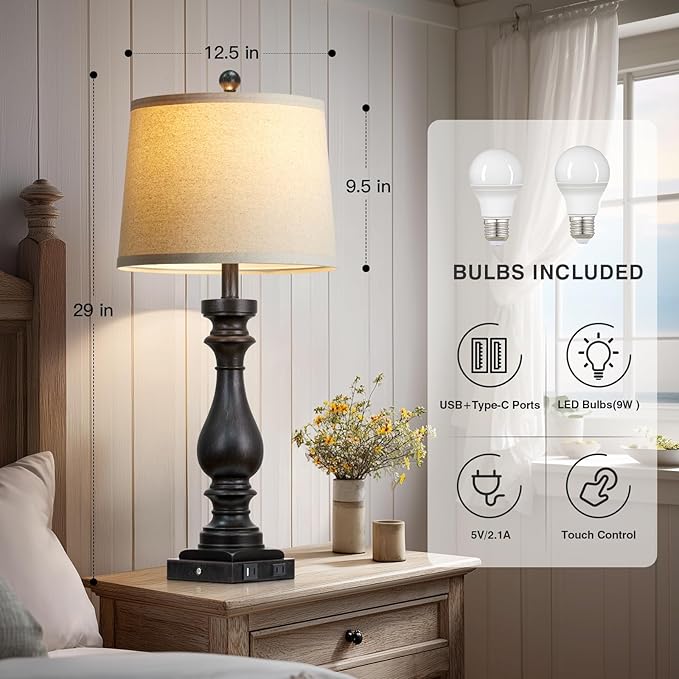29" Tall Vintage Table Lamps Set of 2,Black Farmhouse Bedside Lamps with USB C+A Ports & AC Outlet,3-Way Dimmable Touch Lamp for Night Stands Living Room Bedroom,Black