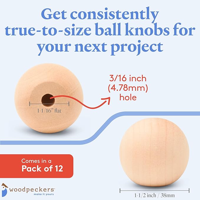 Wood Knobs, 1.5 Inch Round Natural Wood Drawer Pulls, Pack of 12 Unfinished Wooden Drawer Knobs, Ball Shaped Wood Cabinet Knobs, Nursery Dresser Knobs, Wood Door Knobs and Crafts