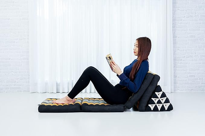 Leewadee Comfortable Japanese Floor Mattress - Thai Floor Bed with Triangle Cushion - Futon Mattress - XL Extra Long Thai Massage Mat, 89 x 20 inches, Black Orange, Kapok Filling