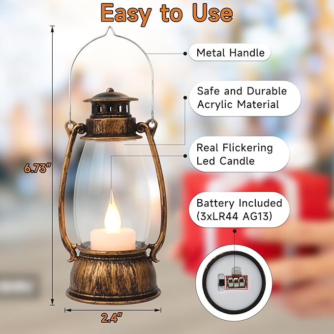12Pcs Mini Lantern Decorative with Flickering LED Candle, 6Inch Small Western Lantern for Table Centerpiece, Vintage Hanging Candle Holders for Western Halloween Camping Party Decor (Brown)
