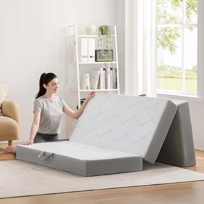Foldable Mattress Full 4 inch -Portable White Memory Foam Folding Matress with Washable Cover for Camping Travel Guest Room Home Use-Non-Slip&Easy Storage