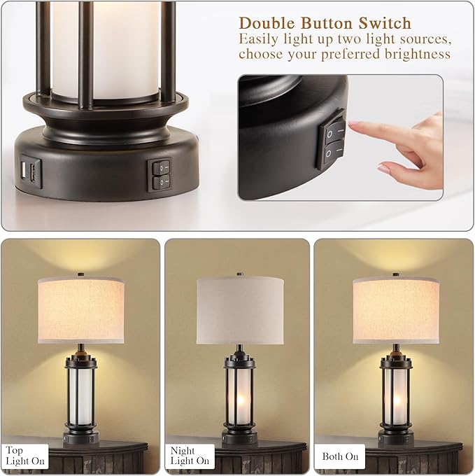 Set of 2 Modern Table Lamps for Living Room Bedroom, 25'' Black Retro Industrial Metal Lamp with Glass Nightlight, Contemporary Desk Lamp for Bedside End Table Office, 4 Bulbs Included