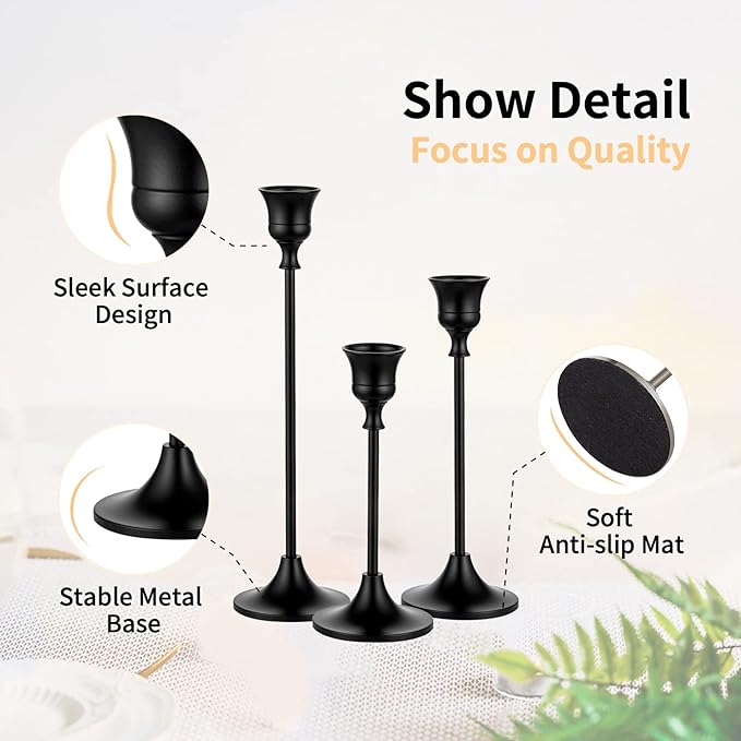 Nuptio Black Candle Holder Candlestick Holders Candle Sticks Holder Tapered Candle Holder Gothic Taper Candle Holders for Halloween Christmas Party Mantel Dinner Home Decoration 2 Sets(6 Pcs)