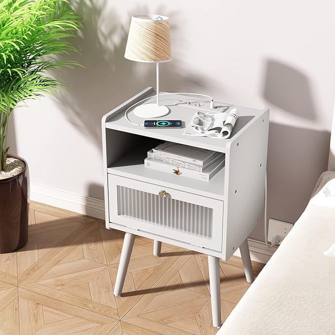 Mid Century Modern Nightstand with Charging Station, Bedside Tables with Glass Decorative Door, End Table Side Table with 2 Tiers Storage Space, for Bedroom, Living Room, White