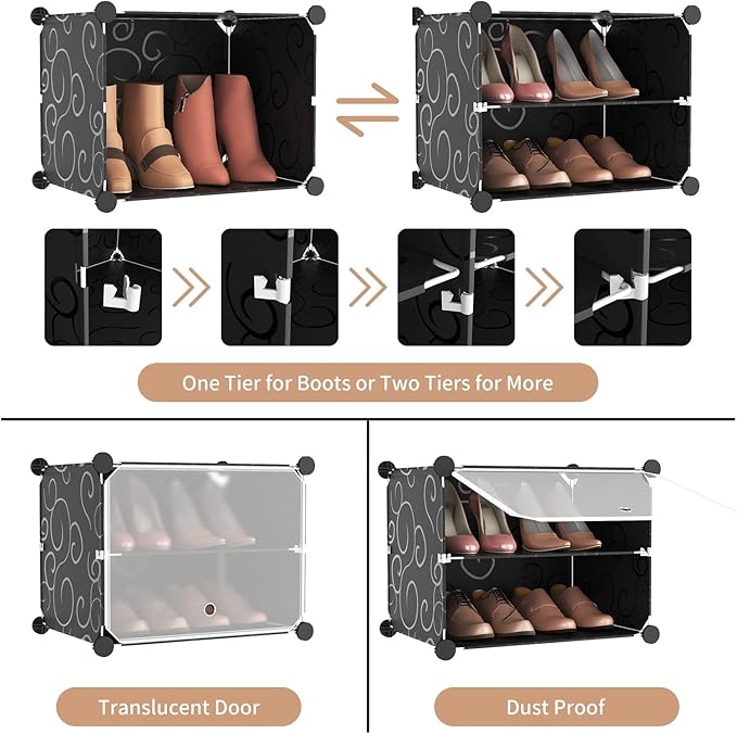 ROJASOP Portable Shoe Rack Organizer 6-Tier Shoe Cabinet 24-Pair shoe Storage Expandable Free Standing Stackable Space Shoe Rack with 2 exclusive Versatile Hooks for Bedroom Black
