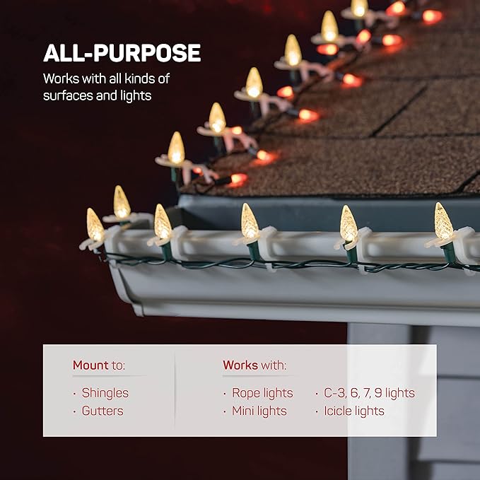 All-Purpose Holiday Light Clips [Set of 200] Christmas Clips, Outdoor Light Clips - Mount to Shingles & gutters - Works with Mini, C6, C7, C9, Rope, Icicle Lights - No Tools Required - USA Made