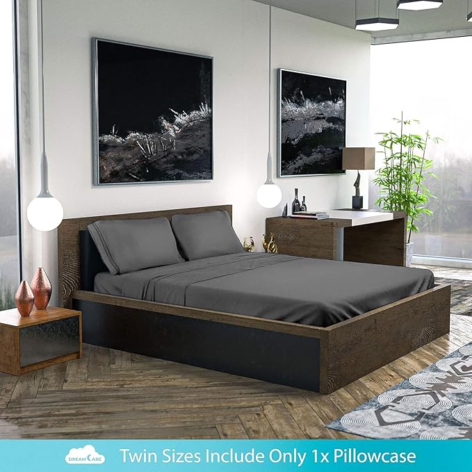 DREAMCARE California King Sheet Sets - Cooling Bed Sheets - 4pcs Set - up to 15" Deep Pocket Cal King Sheets - California King Sheets - Soft & Lasting 100% Brushed Polyester with Side Pocket - D.Gray
