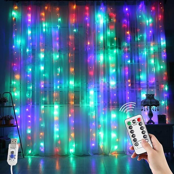 YEOLEH Curtain String Lights, Waterproof Copper Wire Curtain Lights with Control, 8 Modes USB Fairy Lights Plug in Good for Wedding Bedroom Party Home Christmas Decorations,(Colorful,7.9Ft x 5.9Ft)