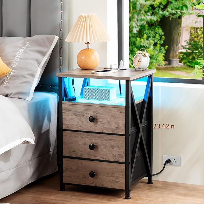 AMHANCIBLE Night Stand Set 2, LED Nightstand with Charging Station, End Side Tables with USB Port & Outlet, Bedside Table with 3 Fabric Drawers for Bedroom Living Room, Greige, HET053LGY