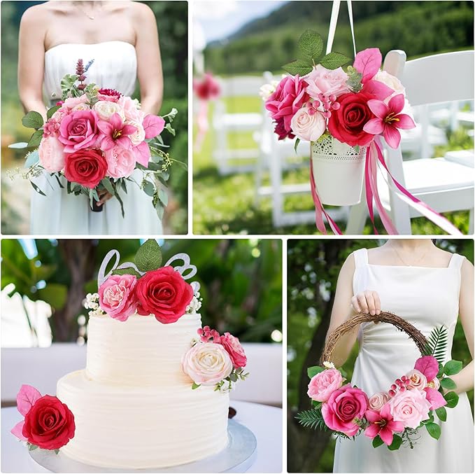 AmyHomie Fuchsia Pink Artificial Flowers Combo Silk Mix Peony Rose Fake Flowers w/Stem for DIY Wedding Bouquets Centerpieces Arrangements Table Fall Decor Party Bridal Baby Shower Home Decorations