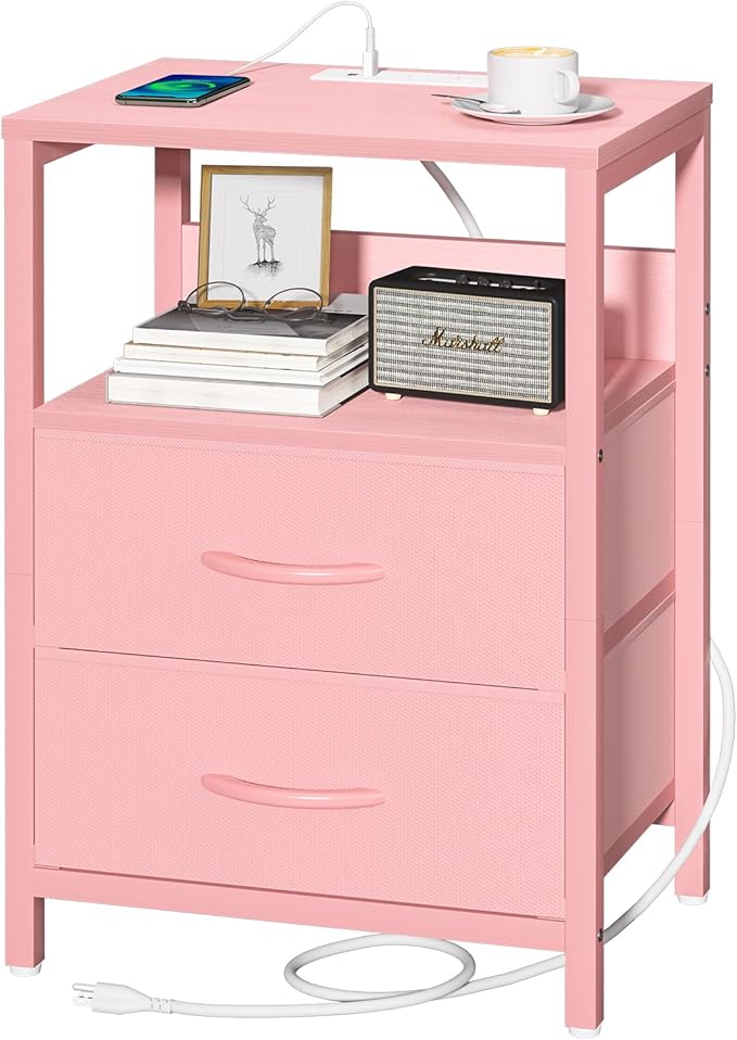 Yoobure Nightstand with Charging Station, Small Night Stand with Fabric Drawers and Storage Shelf for Bedrooms, Nightstands for Small Spaces, Bedside Table with USB Ports & Outlets Bed Side Table