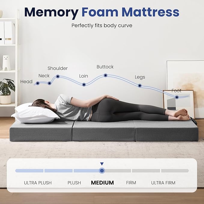 Foldable Mattress Single 6 inch -Portable Grey Memory Foam Folding Matress with Washable Cover for Camping Travel Guest Room Home Use-Non-Slip&Easy Storage