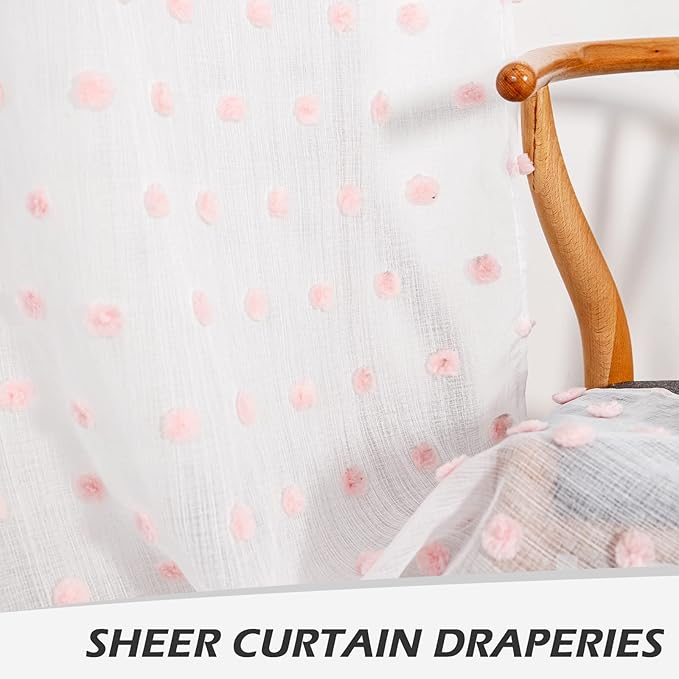 MYSKY HOME Pink Curtains for Bedroom 63 Inch Length Pom Pom Short White Sheer Curtains for Boys Room Kids Curtains Dining Room Rod Pocket Bohemian Farmhouse Window Drapes 52 x 63 in 2 Pieces