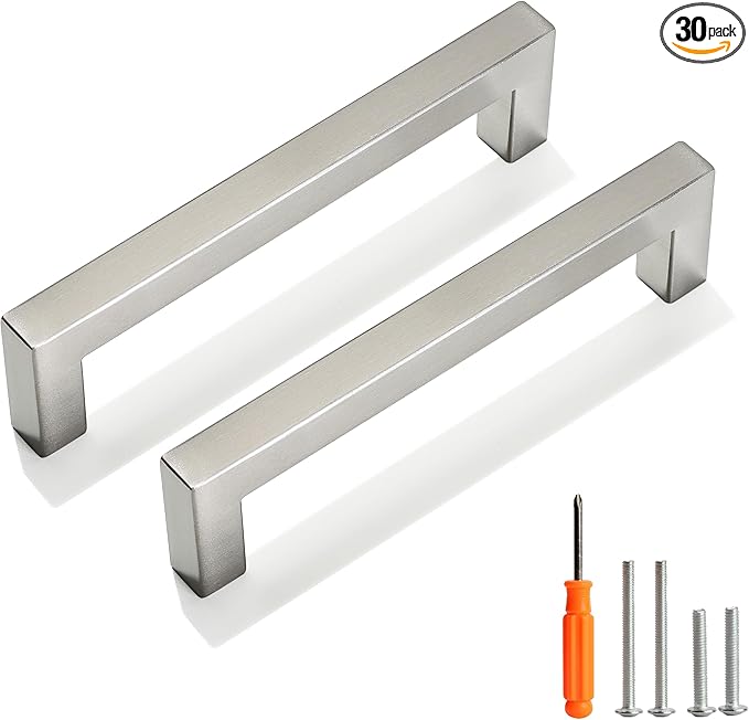 Cabinet Pulls Brushed Nickel Cabinet Handles Square Drawer Pulls, 30 Pack 5 Inch Stainless Steel Kitchen Door Cupboard Cabinet Handles, Cabinet Hardware Drawer Handles, 128mm Hole Centers