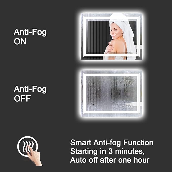LED Bathroom Mirror, 60"X40" with Front and Backlit, Anti-Fog, Large Bathroom Vanity Mirror for Wall, Memory Function, Stepless Dimmable, Tempered Glass (Horizontal/Vertical)