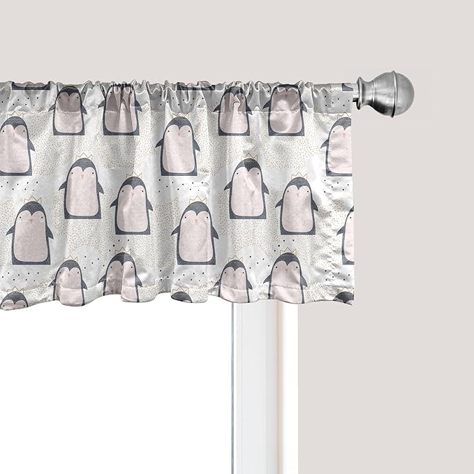 Ambesonne Penguin Window Valance Pack of 2, Pastel Colored Style Cartoon Animals from Antarctica Crowns on a Dotted Background, Rod Pocket Curtain Valances for Kitchen Bedroom, 54" X 12", Grey Pink