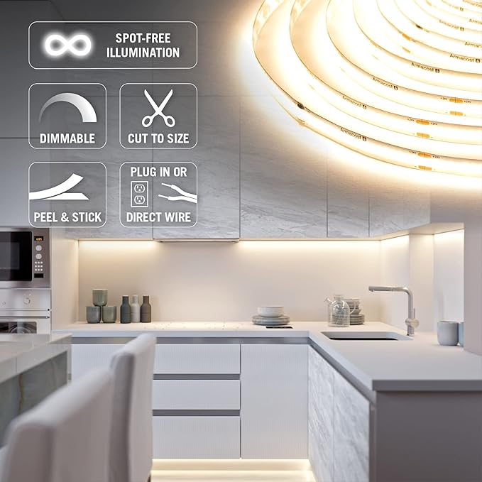 Armacost Lighting RibbonFlex Home Continuous (COB) LED Tape Light Kit with Remote - 16ft. (5M),Continuous (Cob) 3000k White