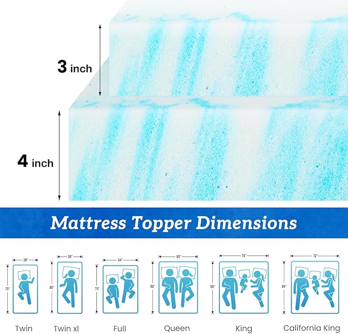 Sweetcrispy Mattress Topper California King, 4 Inch Thick Memory Foam Gel Infused Cooling Toppers Pad for Bed, Sleeper Sofa, RV, Camper, CertiPUR US Certified, Ventilated and Breathable