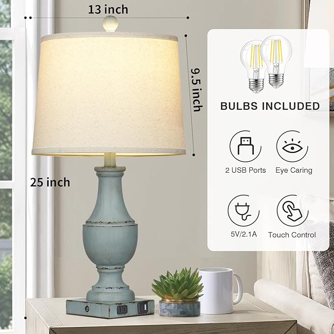 Farmhouse Table Lamps, Rustic 26" Touch Control Bedside Lamps with USB A+C Charging Ports & AC Outlet, Vintage 3-Way Dimmable Traditional Classic Nightstand Lamp for Living Room Bedroom Office Decor