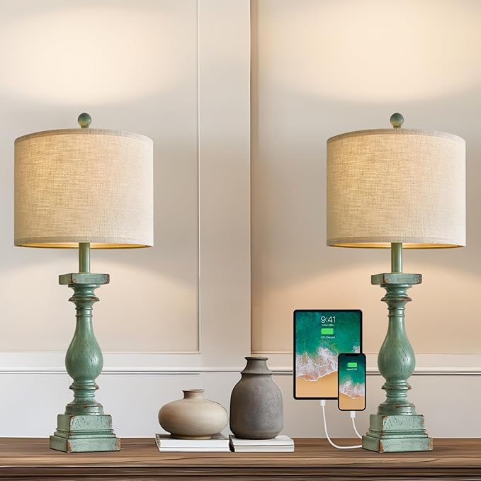 BOBOMOMO 27" Farmhouse Table Lamp Set of 2 with USB A+C for Bedroom Living Room Vintage Rustic Traditional Nightstand Bedside Lamps Retro Side Table Lamps (Green)
