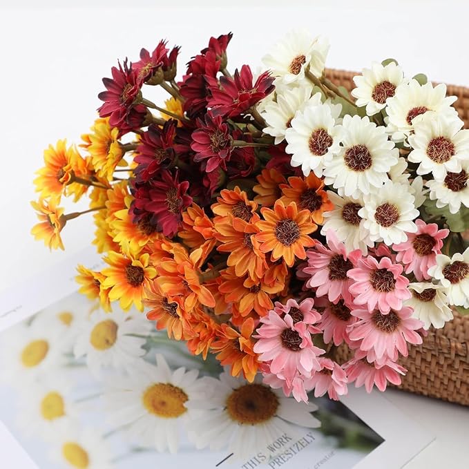 Artificial Mums for Outdoors, Faux Sunset Mum Flowers Planters for Indoor Outside Decor, Fake Look Real, Vibrant, UV Resistant, Waterproof, Windproof (Wine, 10 Bundle)