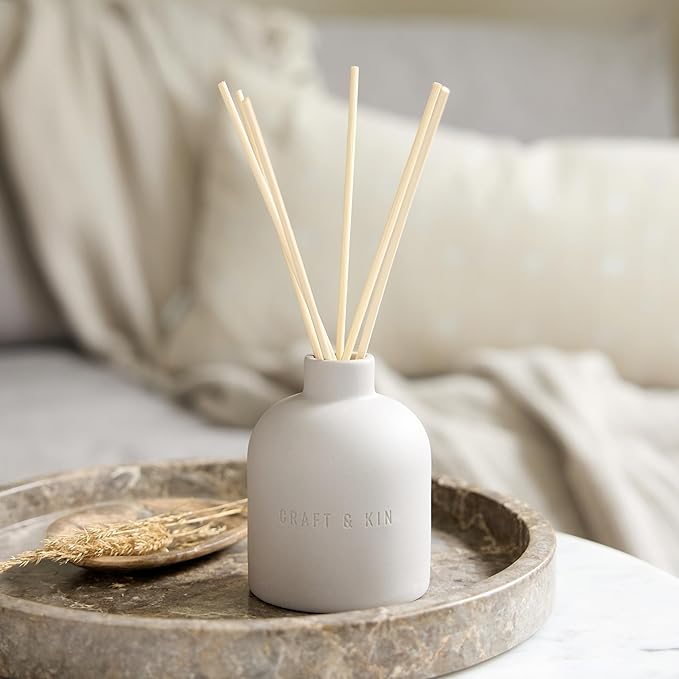 Craft & Kin Christmas Reed Diffuser for Home & Bathroom – Rose & Oud Holiday Reed Diffuser Set with Fragrance Sticks, Long-Lasting Alcohol-Free Scent, Earthenware Collection, 6.7oz