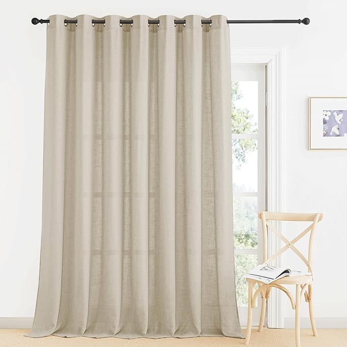 RYB HOME Extra Wide Linen Curtains Semi Sheer - Light Filtering with Vertical Weave Natural Breathable Fabric for Living Room Bedroom Farmhouse Window Treatments, Beige, W 100 x L 90, 1 Pc