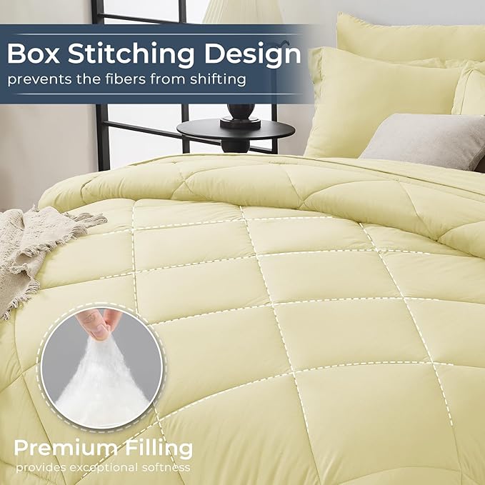 HEVUMYI Cream Yellow Full Comforter Set - 7-Piece All Season Bed in a Bag Full, Ultra Soft Bedding Set with Comforter, Flat Sheet, Fitted Sheet, Pillowcases, Pillow Shams