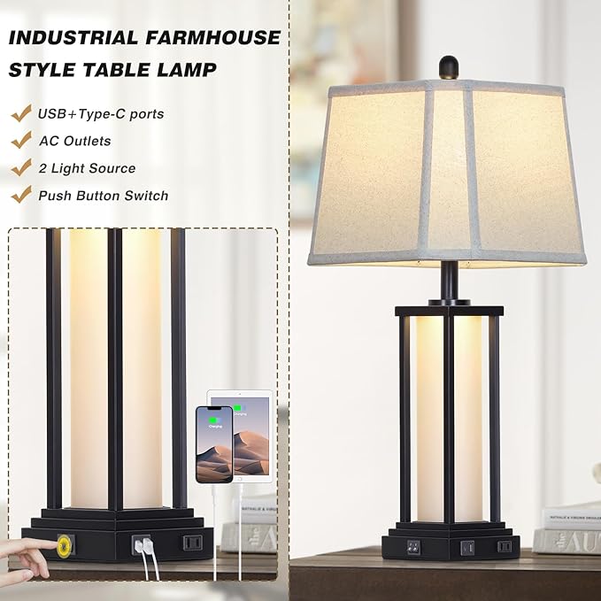 27" Tall Vintage Table Lamp Set of 2 with USB C+A & Outlet,Black Industrial End Table Lamp for Living Room,Farmhouse Rustic Bedside Lamps with Bell Lampshades for Bedroom Nightstand,Black