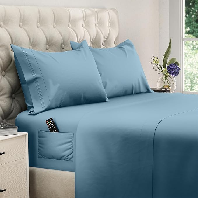 DREAMCARE Twin XL Sheets Set - 4 Pcs Cooling Bed Sheets with Up to 15" Deep Pockets - Soft, Long-Lasting 100% Brushed Polyester with Side Pocket (Mineral Blue)