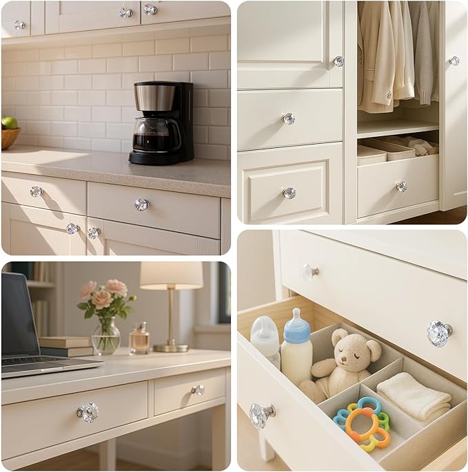 DEELF 24 Packs Kitchen Cabinet Knobs, 40 mm Crystal Cabinet Knobs, Diamond Dresser Handle Drawer Pulls, Dresser Knobs for Cabinets and Drawers, Silver Base