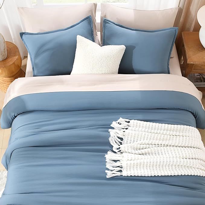 Litanika Oversized King Comforter Set Grayish Blue Super King Plus Size, 3 Pieces Lightweight Solid Bedding Comforter Set, All Season Fluffy Bed Set (128x120In Comforter & 2 Pillowcases)