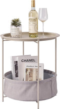 VECELO Round Side/End Table with Fabric Storage Basket，Metal Anti-Rust and Waterproof Small Bedside Nightstand with Removable Tray Top for Living Room，Balcony & Laundry，Grey /1pcs with Basket
