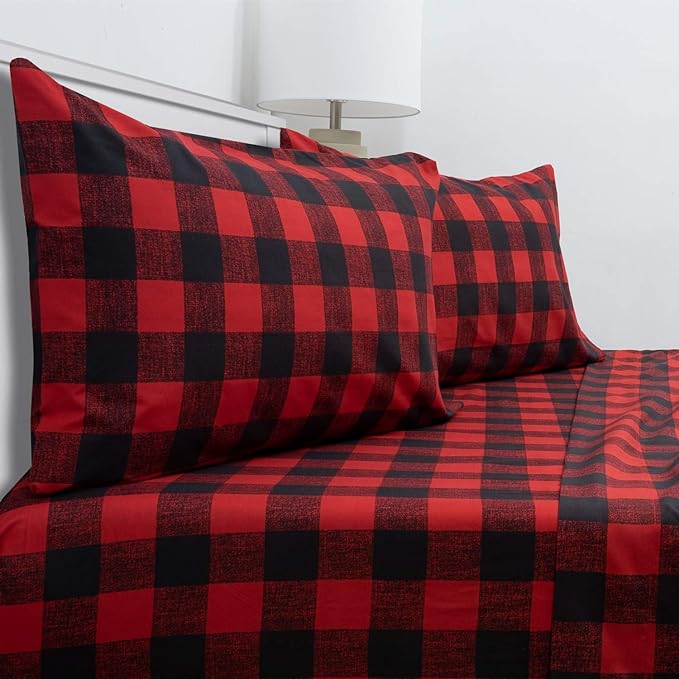 California King Sheet Sets - Breathable Luxury Sheets with Full Elastic & Secure Corner Straps Built In - 1800 Supreme Collection Bedding, Sheet Set, California King, Buffalo Check Burgundy