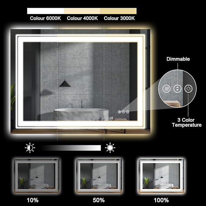 27.6" x 19.7" LED Bathroom Mirror with Lights, Front and Backlit Mirror, Anti-Fog Lighted Vanity Mirror, Stepless Dimmable, 3 Colors LED Mirror (Horizontal/Vertical)
