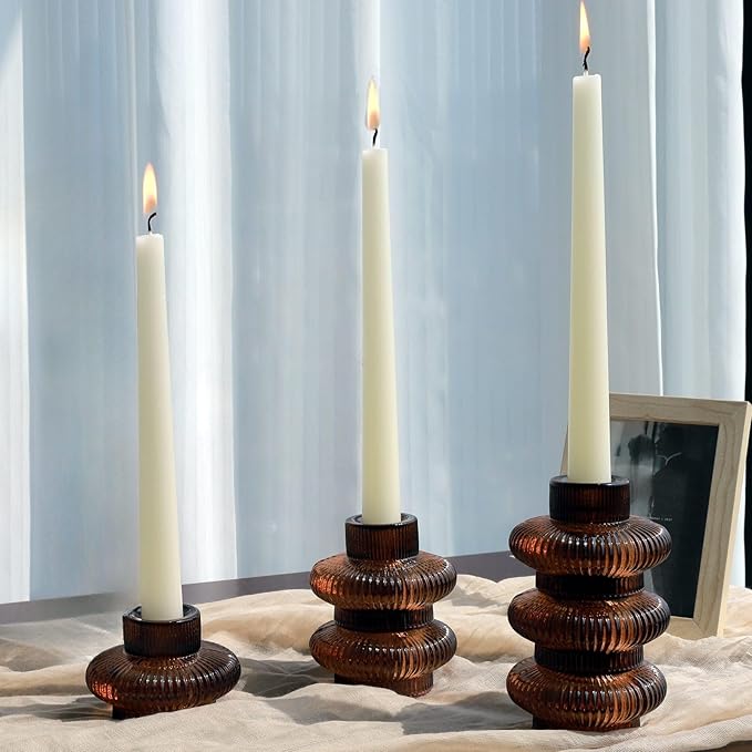 VOHO 12pcs Brownish Amber Candle Holders for Fall Decor, Vintage Ribbed Candlestick Holders Centerpiece Table Decorations, Heavy Glass Taper Candle Holders for Candlesticks/Votive Candles