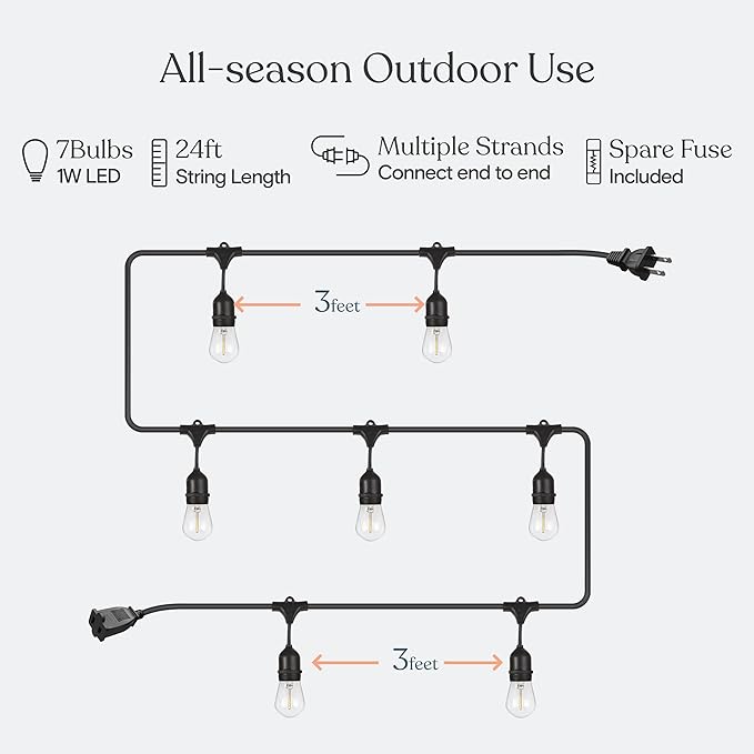 Brightech Ambience Pro LED String Lights - 24 Ft Commercial Grade Patio Lighting Outdoor Waterproof - 7 Heavy Duty Porch Lights for Outside, Christmas, Backyard - 1W Vintage Edison Bulbs, Dimmable