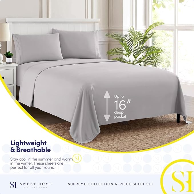 Twin XL Sheets - Breathable Luxury Sheets with Full Elastic & Secure Corner Straps Built In - 1800 Supreme Collection Extra Soft Deep Pocket Bedding Set, Sheet Set, Twin XL, Silver