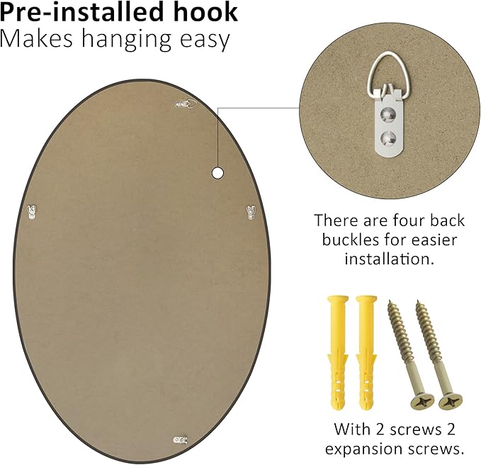 KOHROS Frameless Oval Mirror 20" x 28" Bathroom Wall Mirror w/Polished Beveled Edge, Anti-Rust, Tempered Glass (Silver)