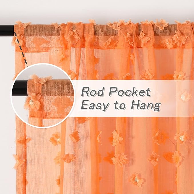 MYSKY HOME Pom Pom Orange Sheer Curtains for Bedroom Girls Room Curtains 72 Inches Long for Nursery Kids Light Filtering Boho Window Drapes, Rod Pocket, 38" Wide, 2 Panels