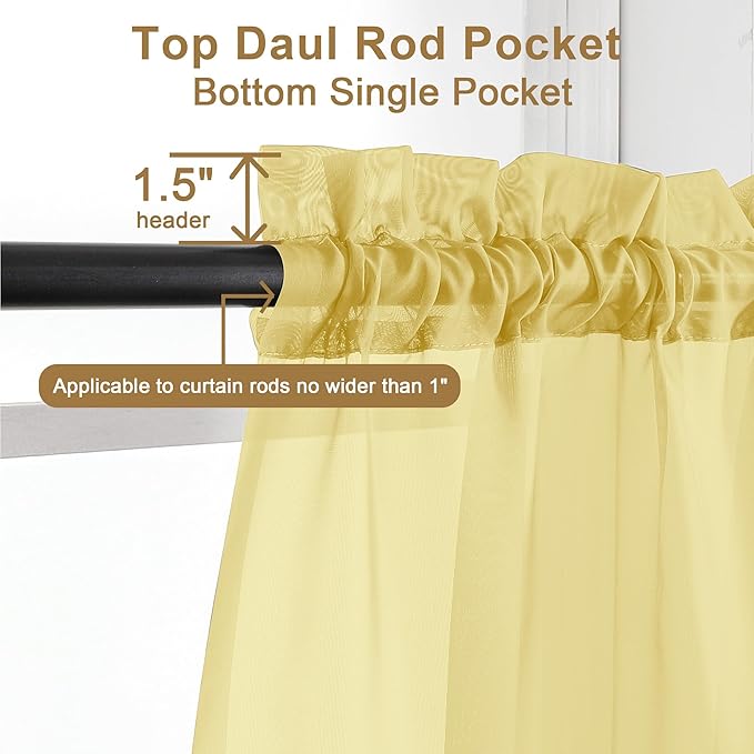 Chyhomenyc Yellow Sheer Curtains 63 Inch Length 2 Panels, Light Filtering Airy Rod Pocket Window Curtain Treatment Drapes for Bedroom Living, Each 42Wx63L Inches