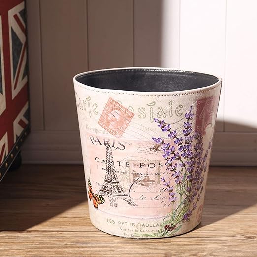 PU Leather Small Trash Can Wastebasket, Round Garbage Container Basket for Bathrooms, Laundry Room, Kitchens, Offices, Kids Rooms, Bedrooms,Dorms,Home Decorative Art Bin, 2.9 Gallon(Lavender Design)