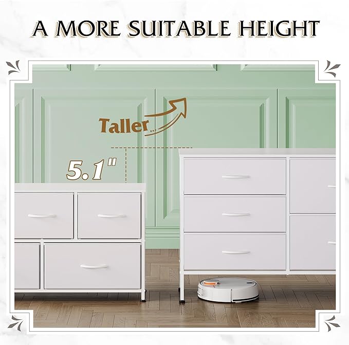 WLIVE White Dresser for Bedroom with 5 Drawers, Fabric Dresser for Living Room, Wide Chest of Drawers for Bedroom, Closet, Hallway, White