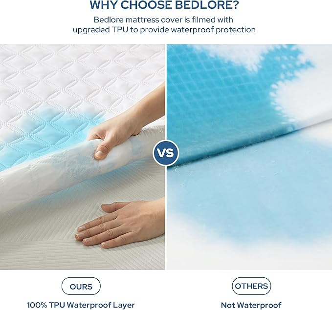 BEDLORE Waterproof Mattress Protector, Twin XL Size Mattress Pad with Deep Pocket Fitted Up to 6-15 inches, Soft Breathable Bed Mattress Cover for Bedroom, College Dorm (White)